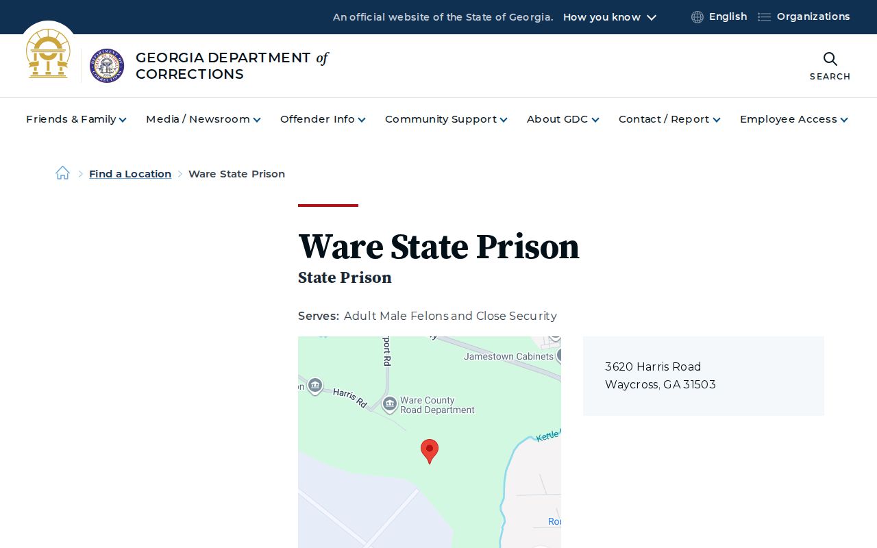 Georgia Department of Corrections Ware State Prison page